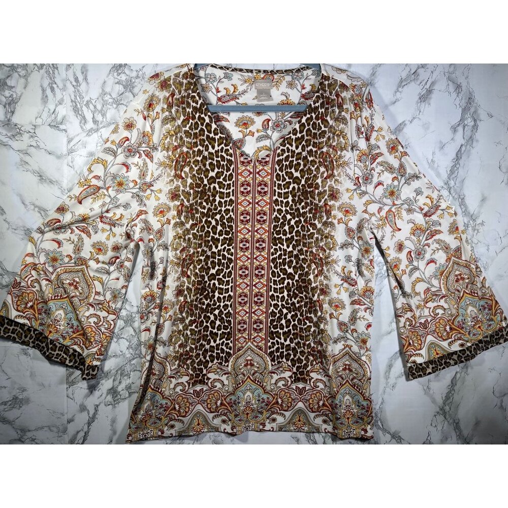 Chicos Leopard & Floral Print 3/4 Sleeve Top Size 2 Polyester Spandex Blend Boho